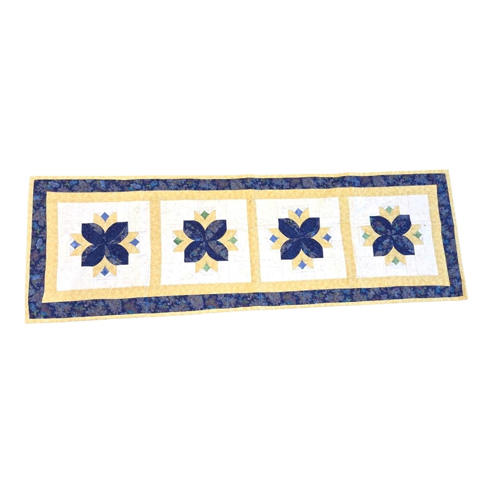 Quilted Table Runner Blue Yellow Floral Star 60"